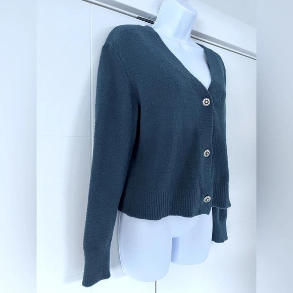 Joe Fresh/ Fuzzy/ Blue button up cardigan/ Gem buttons/ Stretchy/ Size US S - Picture 3 of 14